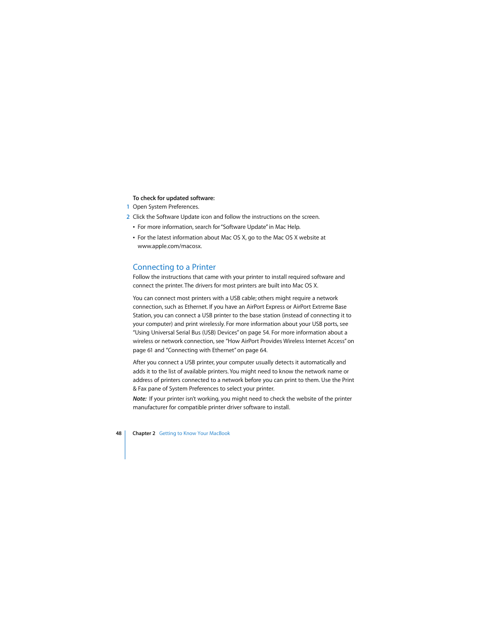 Connecting to a printer | Apple MACBOOK User Manual | Page 48 / 138