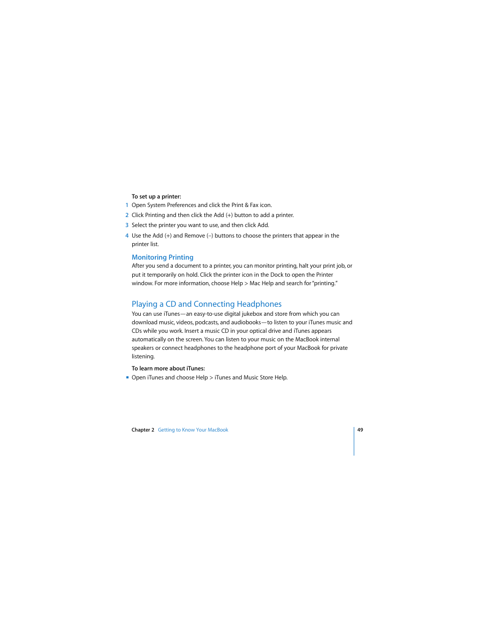 Monitoring printing, Playing a cd and connecting headphones | Apple MACBOOK User Manual | Page 49 / 138