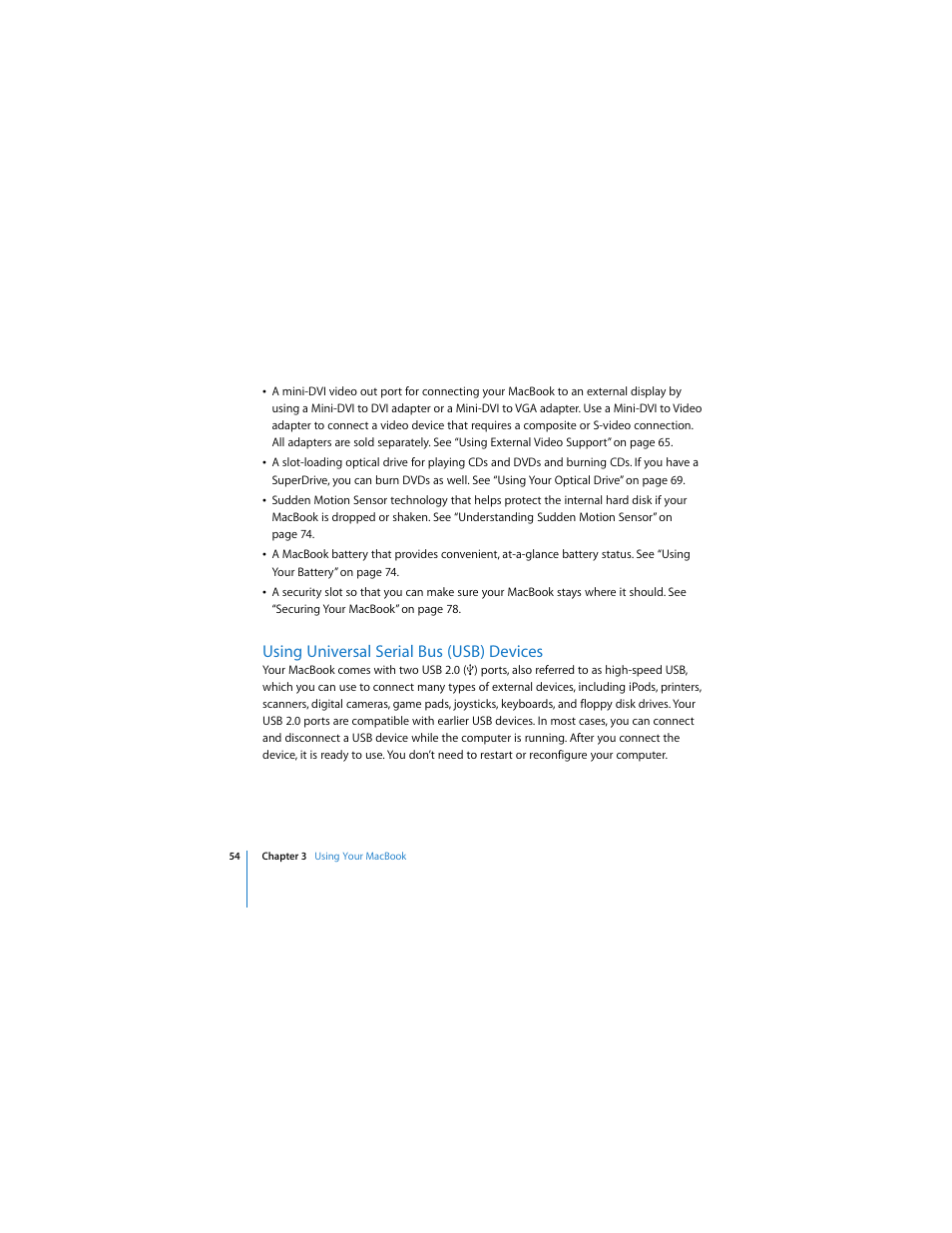 Using universal serial bus (usb) devices, See “using, Ee “using universal serial bus (usb) devices” on | Apple MACBOOK User Manual | Page 54 / 138