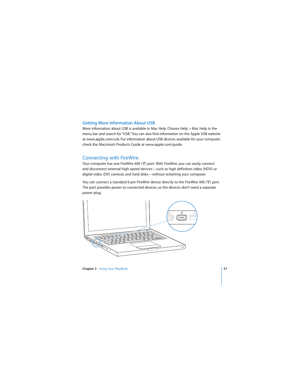 Getting more information about usb, Connecting with firewire | Apple MACBOOK User Manual | Page 57 / 138