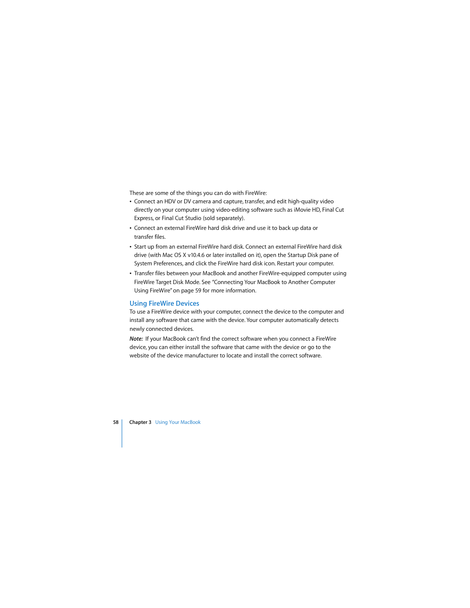 Using firewire devices | Apple MACBOOK User Manual | Page 58 / 138
