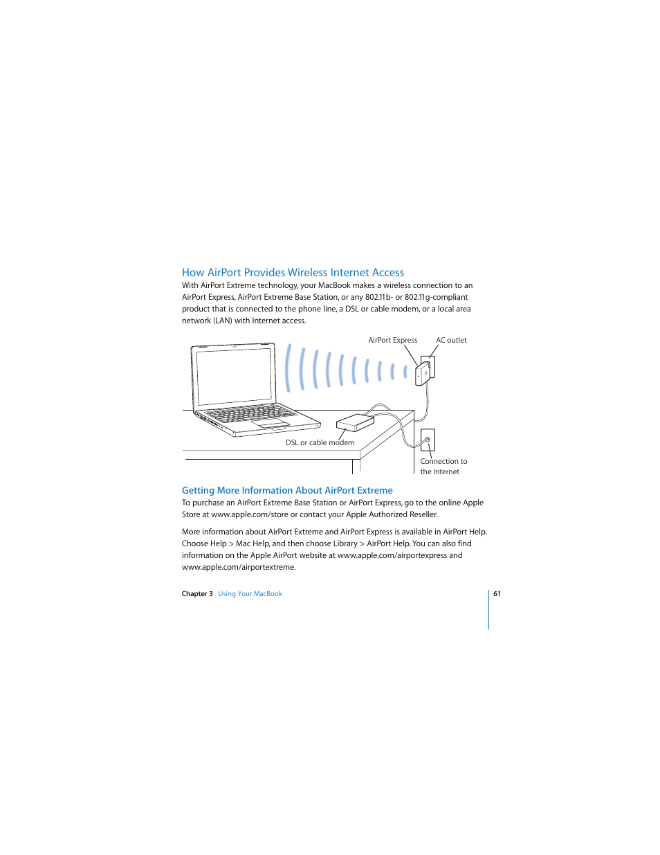 How airport provides wireless internet access, Getting more information about airport extreme | Apple MACBOOK User Manual | Page 61 / 138