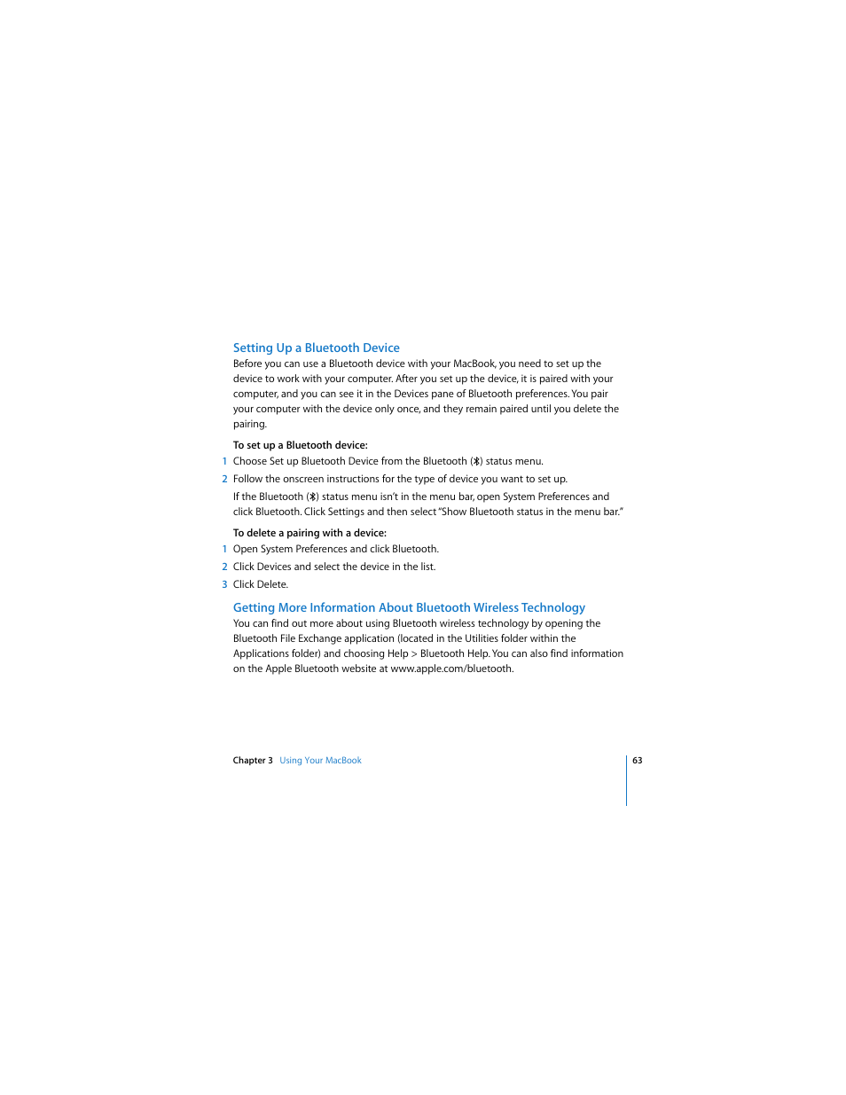 Setting up a bluetooth device | Apple MACBOOK User Manual | Page 63 / 138