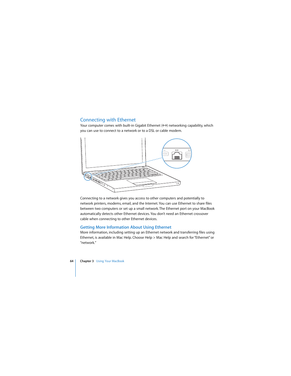 Connecting with ethernet, Getting more information about using ethernet | Apple MACBOOK User Manual | Page 64 / 138