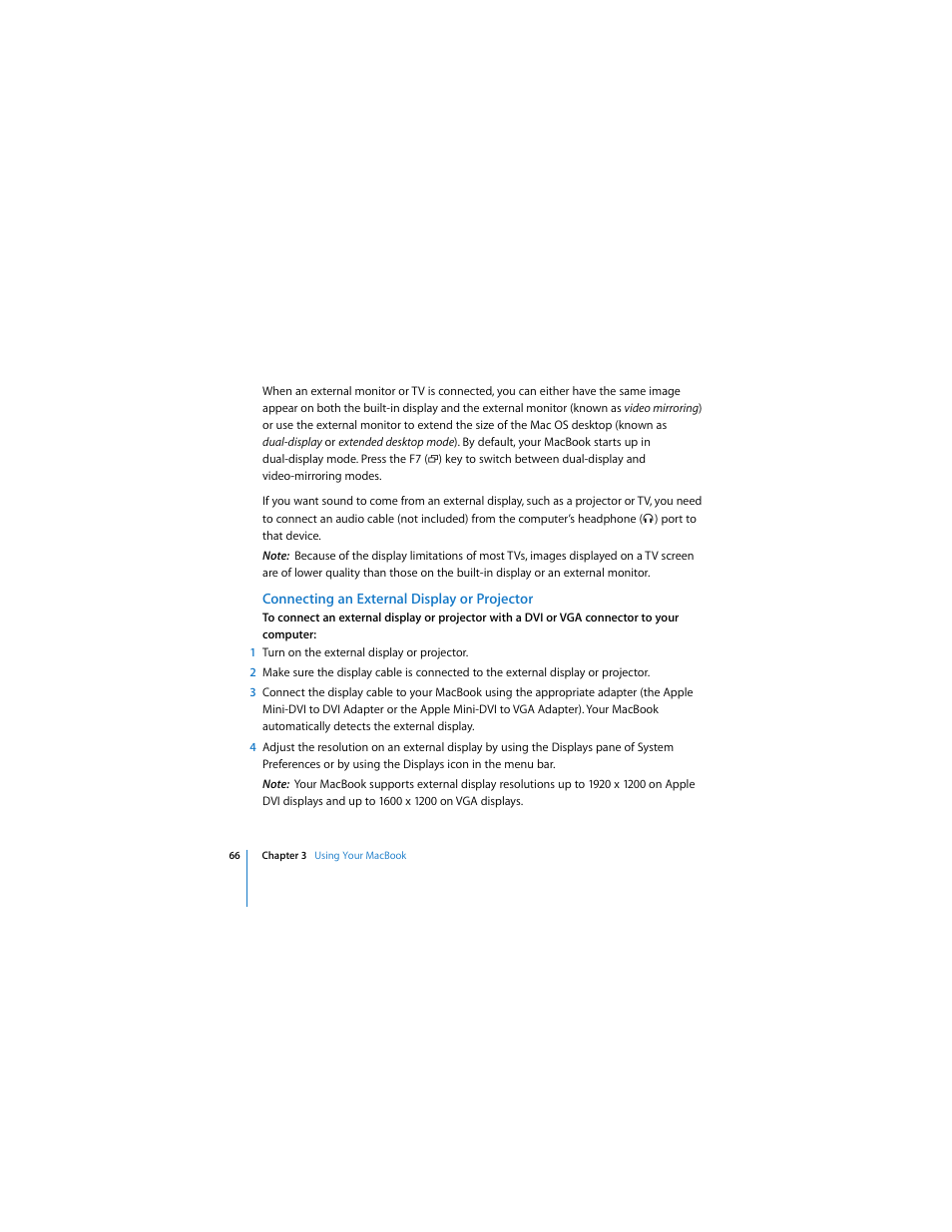 Connecting an external display or projector | Apple MACBOOK User Manual | Page 66 / 138