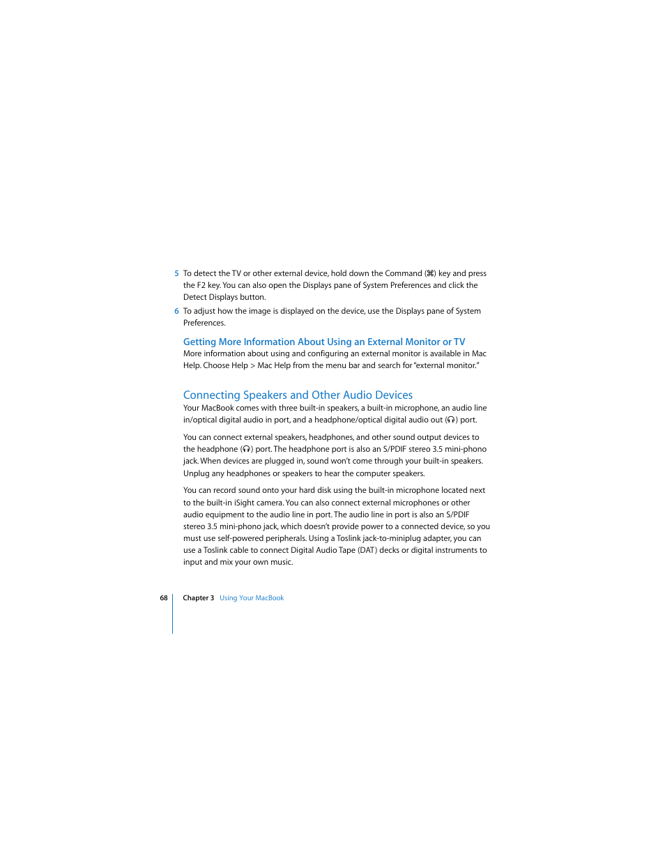 Connecting speakers and other audio devices | Apple MACBOOK User Manual | Page 68 / 138