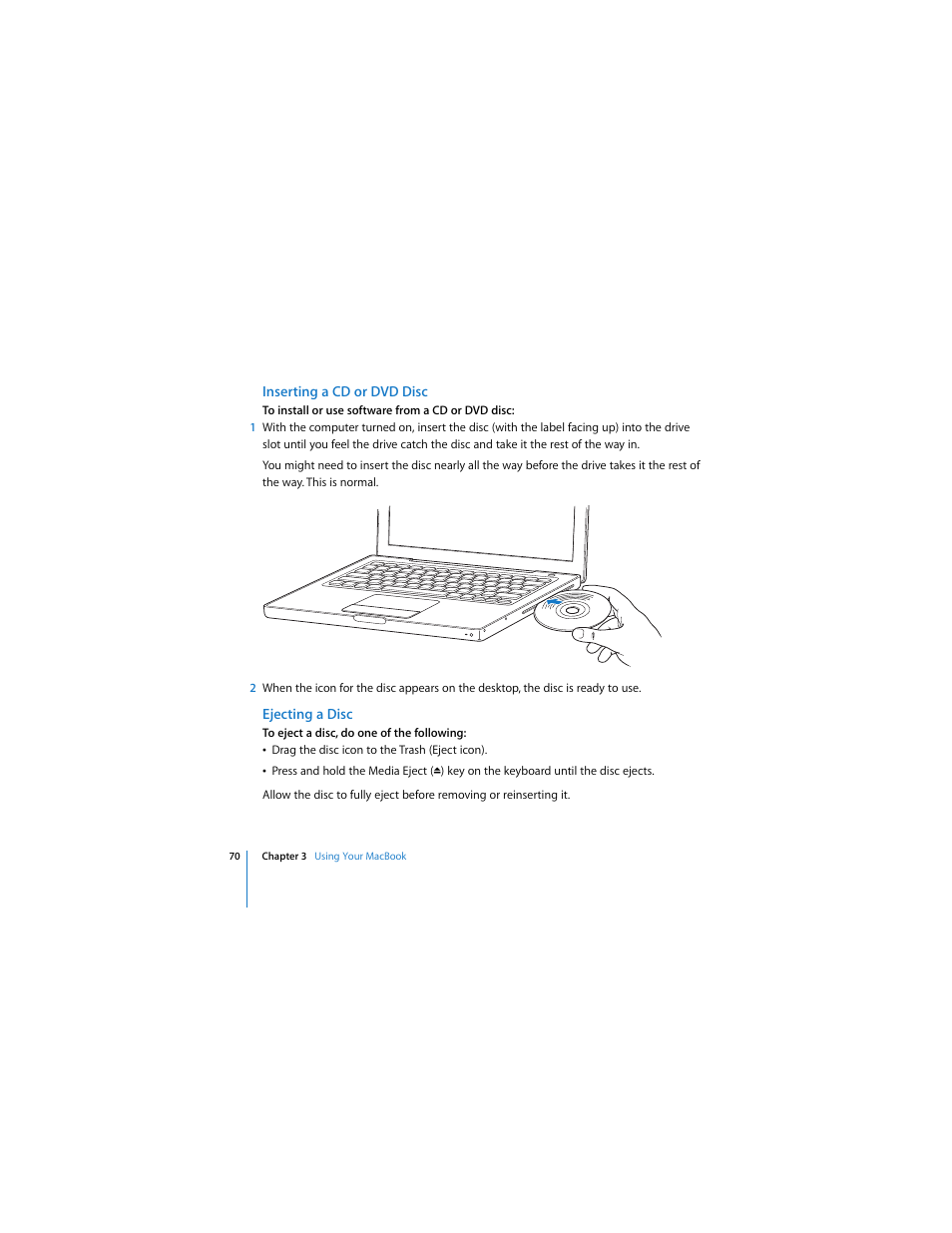 Inserting a cd or dvd disc, Ejecting a disc | Apple MACBOOK User Manual | Page 70 / 138