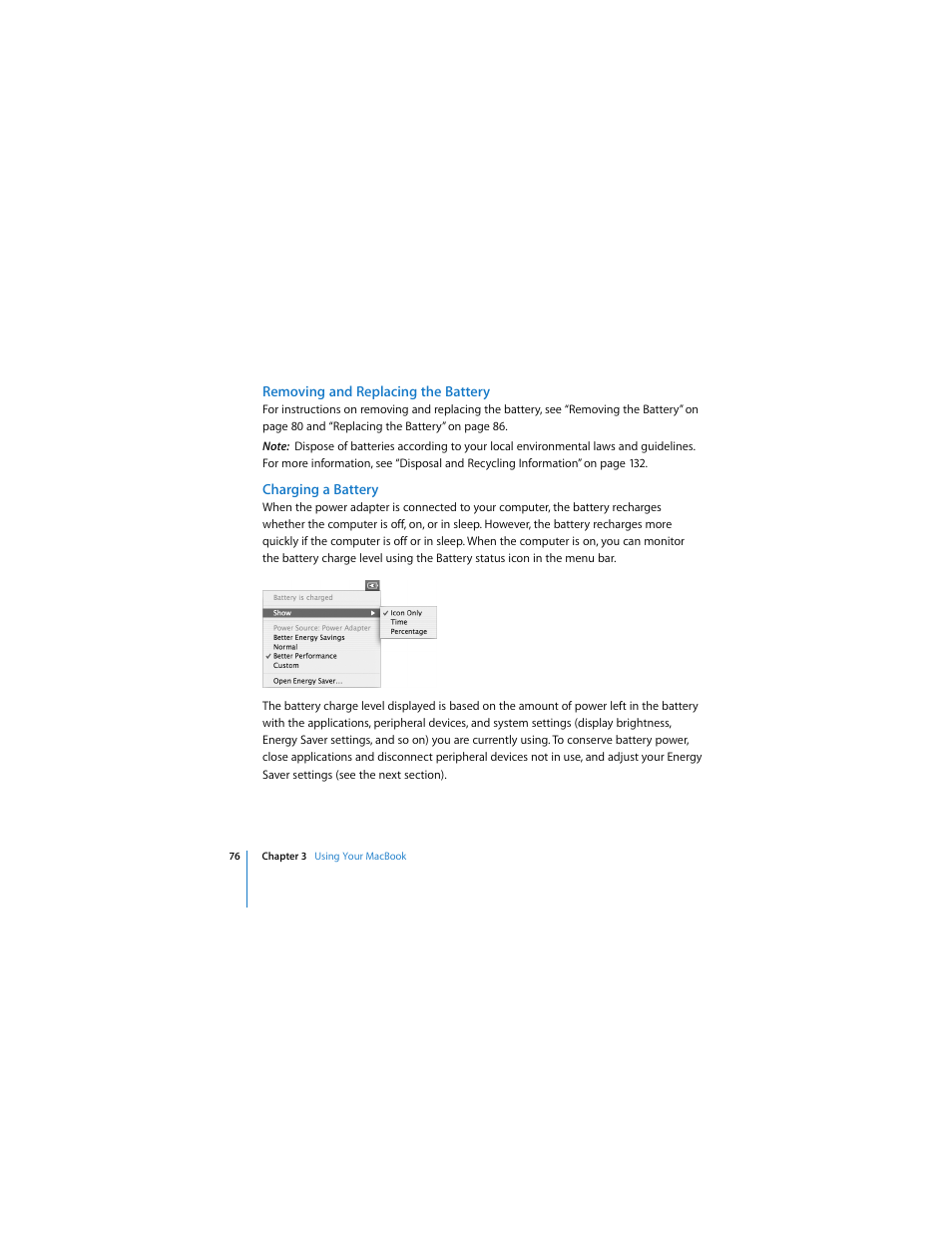 Removing and replacing the battery, Charging a battery | Apple MACBOOK User Manual | Page 76 / 138