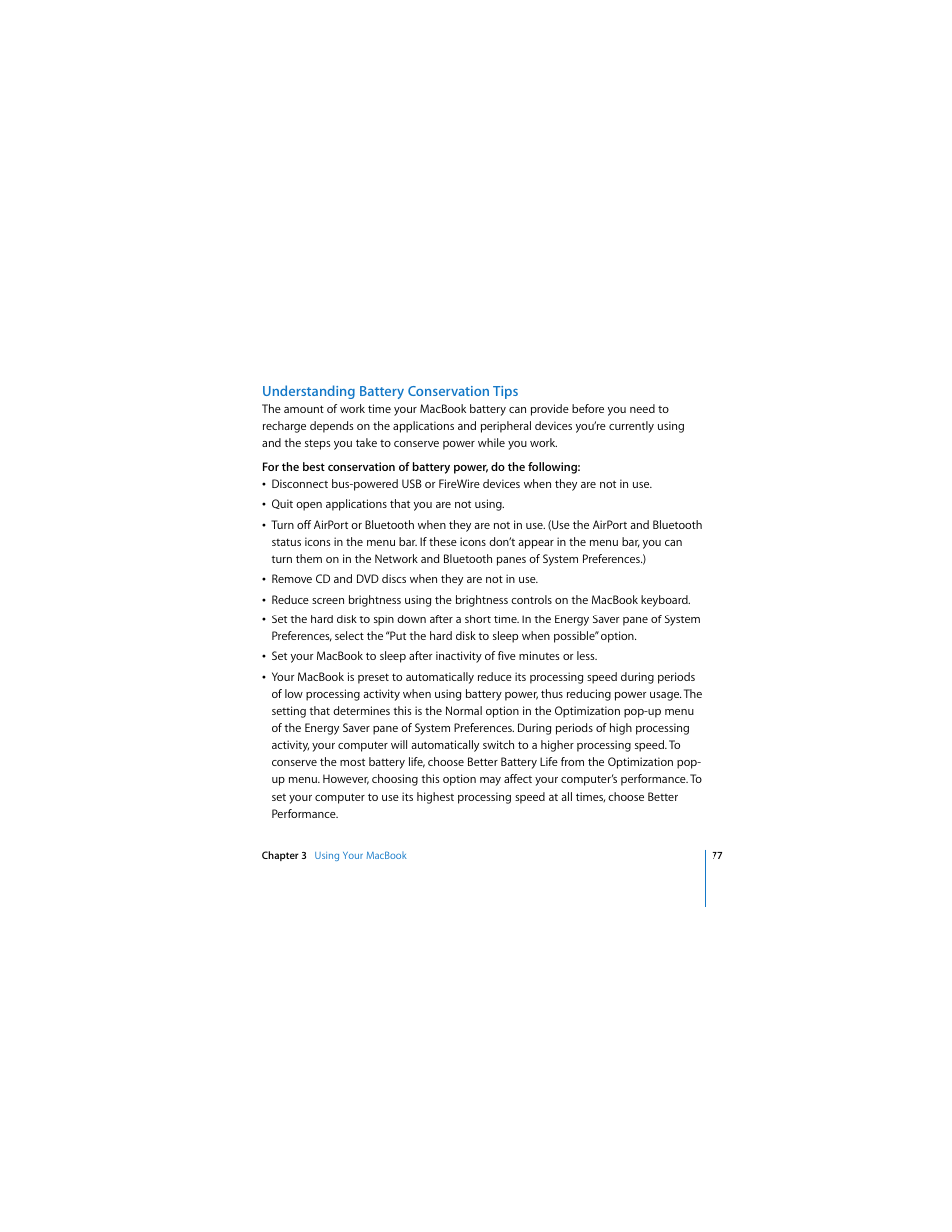 Understanding battery conservation tips | Apple MACBOOK User Manual | Page 77 / 138