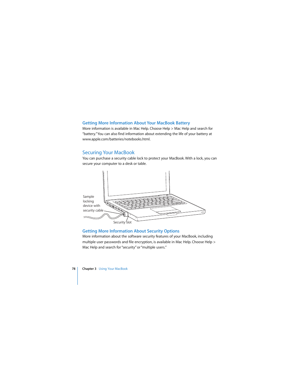 Securing your macbook, Getting more information about security options | Apple MACBOOK User Manual | Page 78 / 138