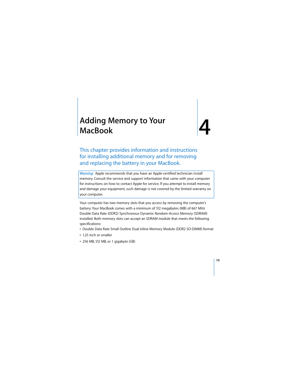 Adding memory to your macbook | Apple MACBOOK User Manual | Page 79 / 138