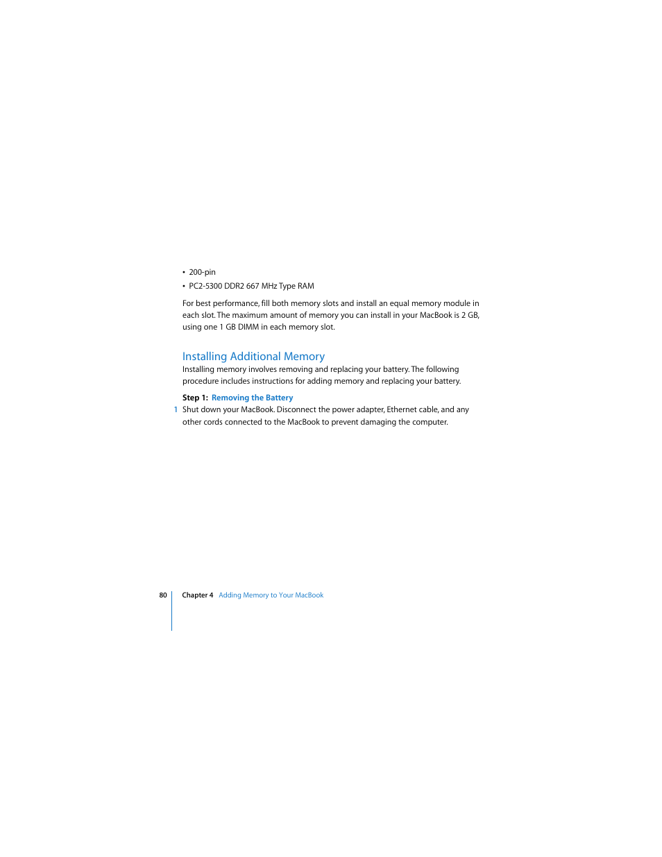 Installing additional memory, See “removing the battery” on | Apple MACBOOK User Manual | Page 80 / 138