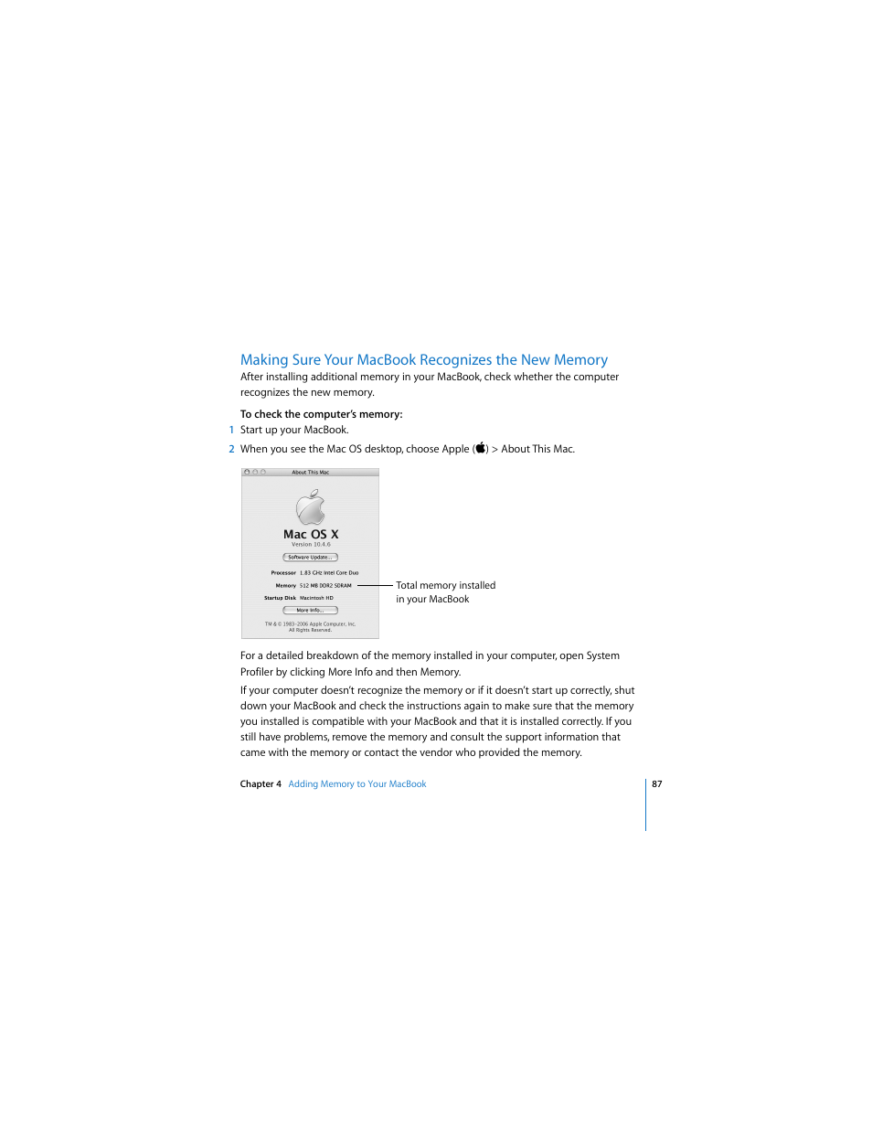 Making sure your macbook recognizes the new memory | Apple MACBOOK User Manual | Page 87 / 138