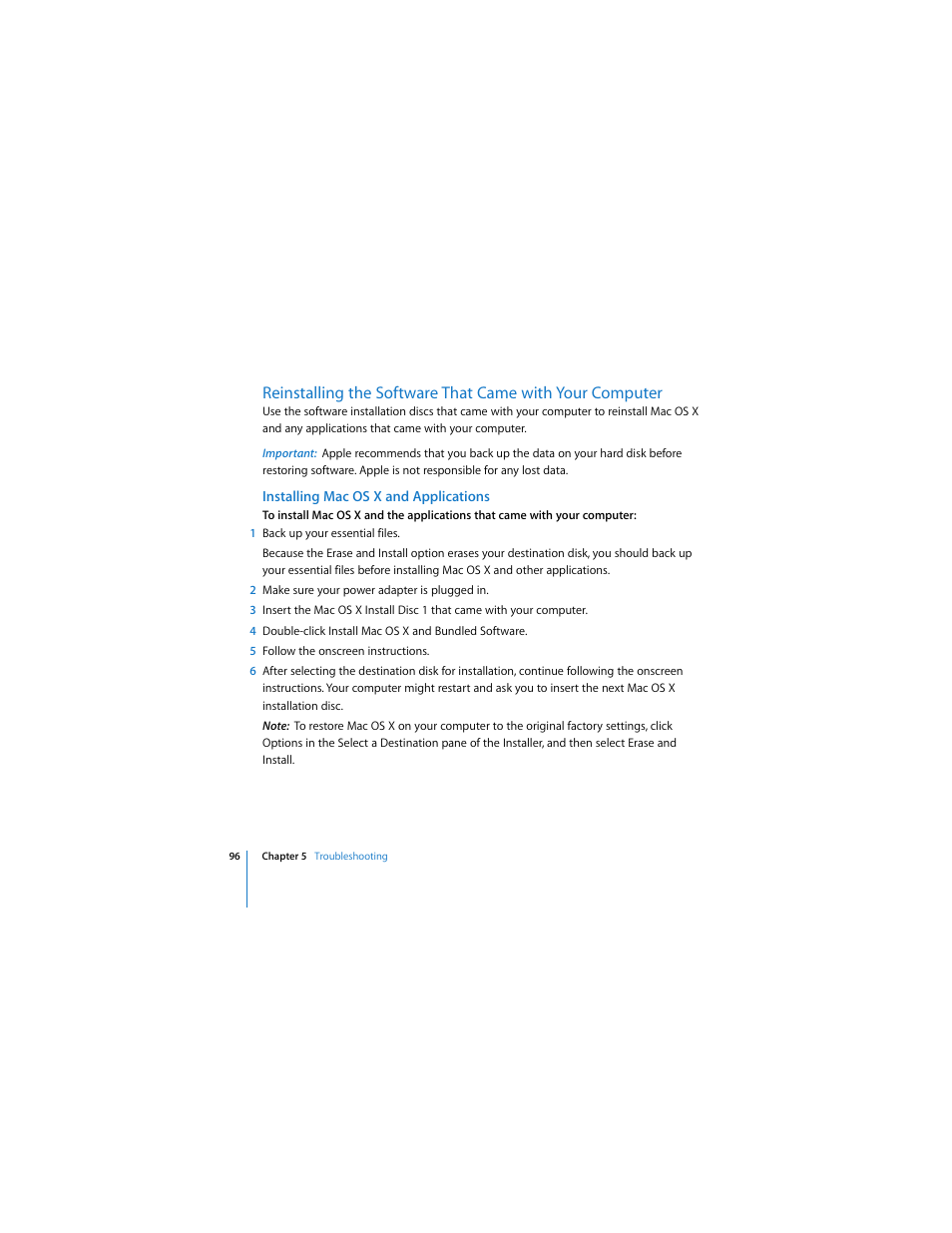 Installing macosx and applications, Ee “reinstalling the software that came with your | Apple MACBOOK User Manual | Page 96 / 138