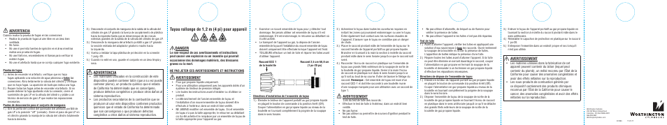 Tuyau rallonge de 1,2 m (4 pi) pour appareil, Danger, Avertissement | Advertencia | BernzOmatic GHA-048 User Manual | Page 2 / 2
