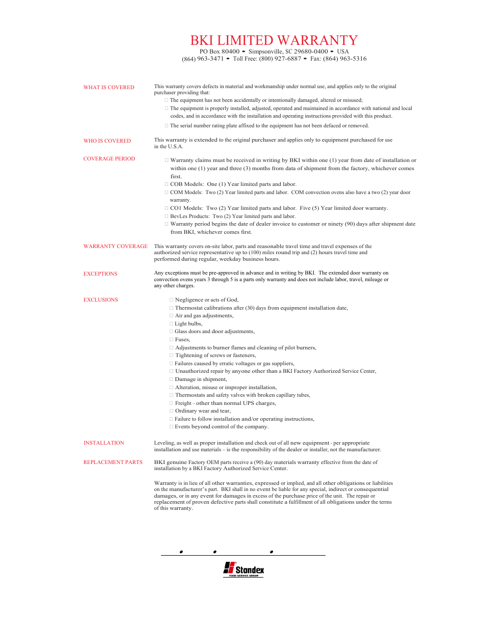 Limited one year warranty, Replacement parts, Bki limited warranty | BKI ALF-FC Automatic Lift Fryer User Manual | Page 2 / 32