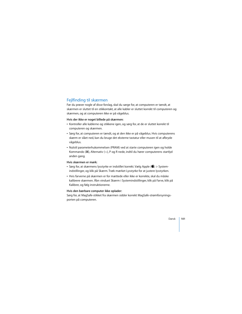 Fejlfinding til skærmen | Apple Cinema Display User Manual | Page 101 / 122