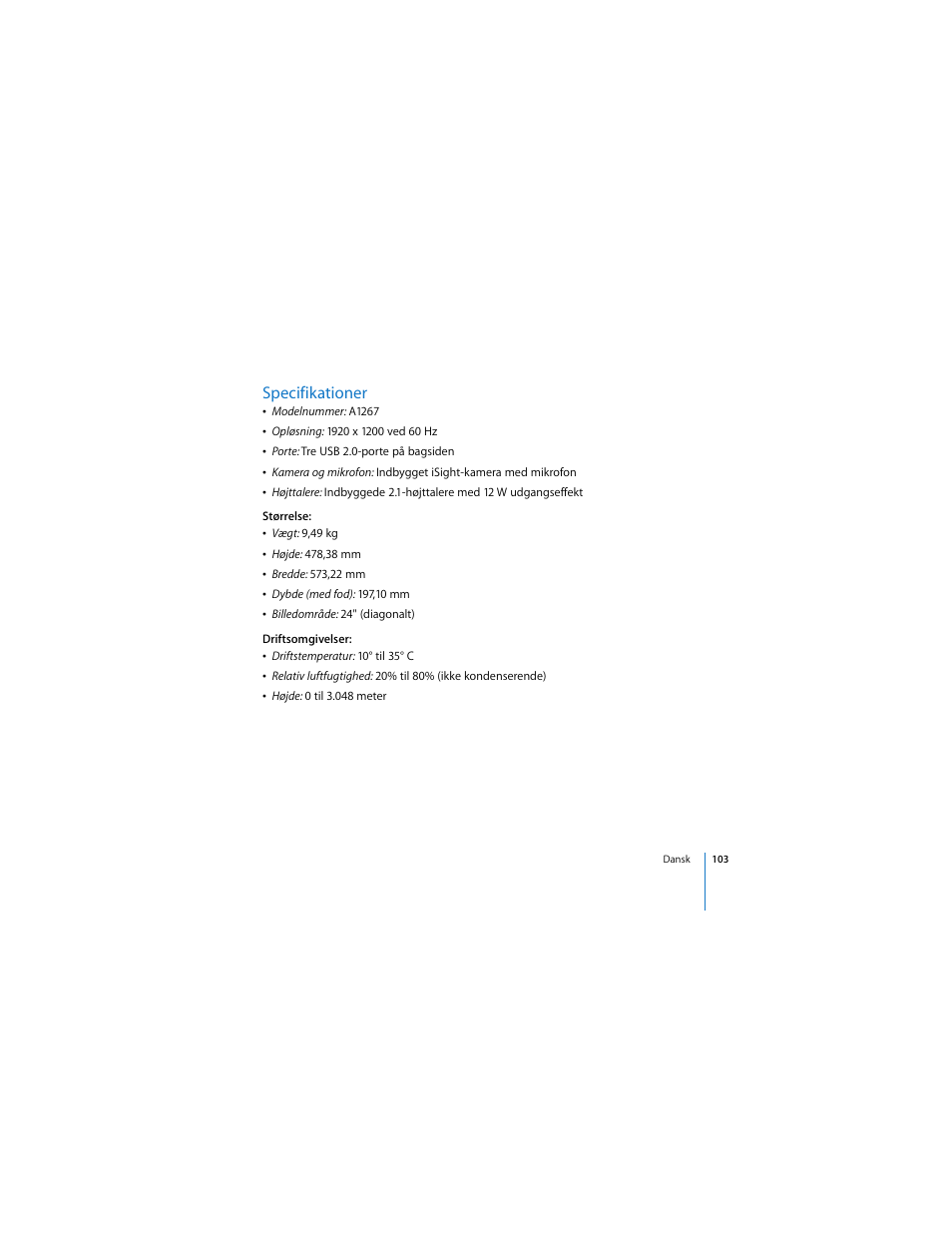 Specifikationer | Apple Cinema Display User Manual | Page 103 / 122