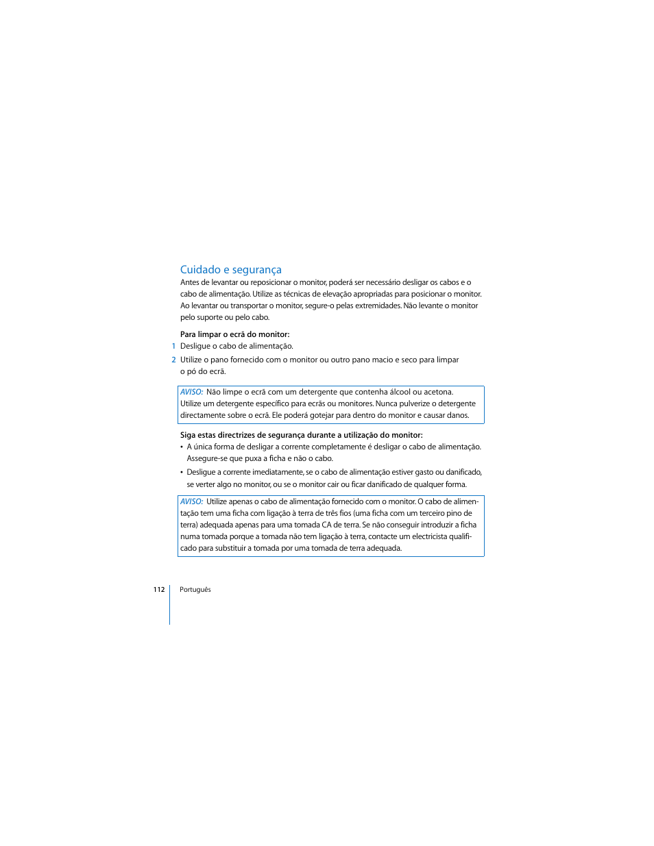 Cuidado e segurança | Apple Cinema Display User Manual | Page 112 / 122