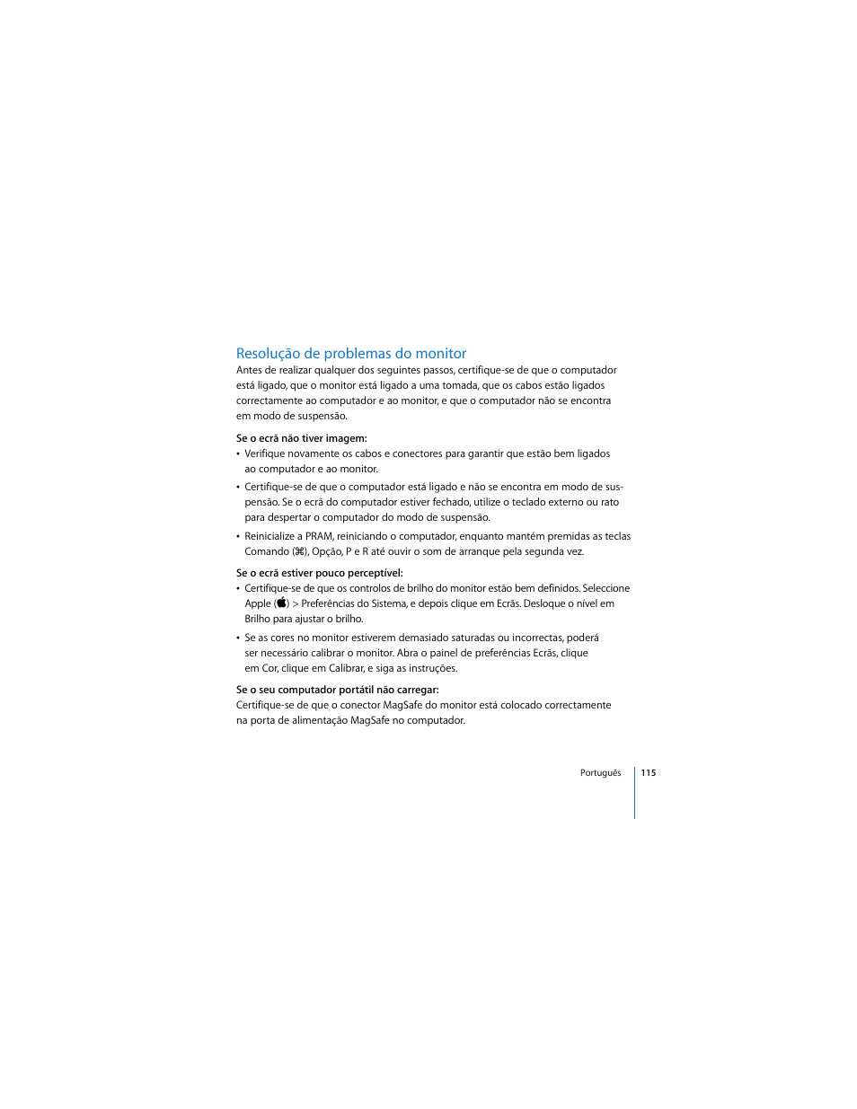 Resolução de problemas do monitor | Apple Cinema Display User Manual | Page 115 / 122