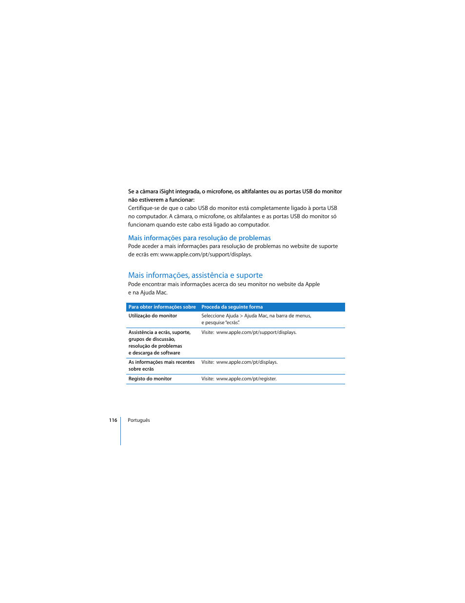 Mais informações para resolução de problemas, Mais informações, assistência e suporte | Apple Cinema Display User Manual | Page 116 / 122