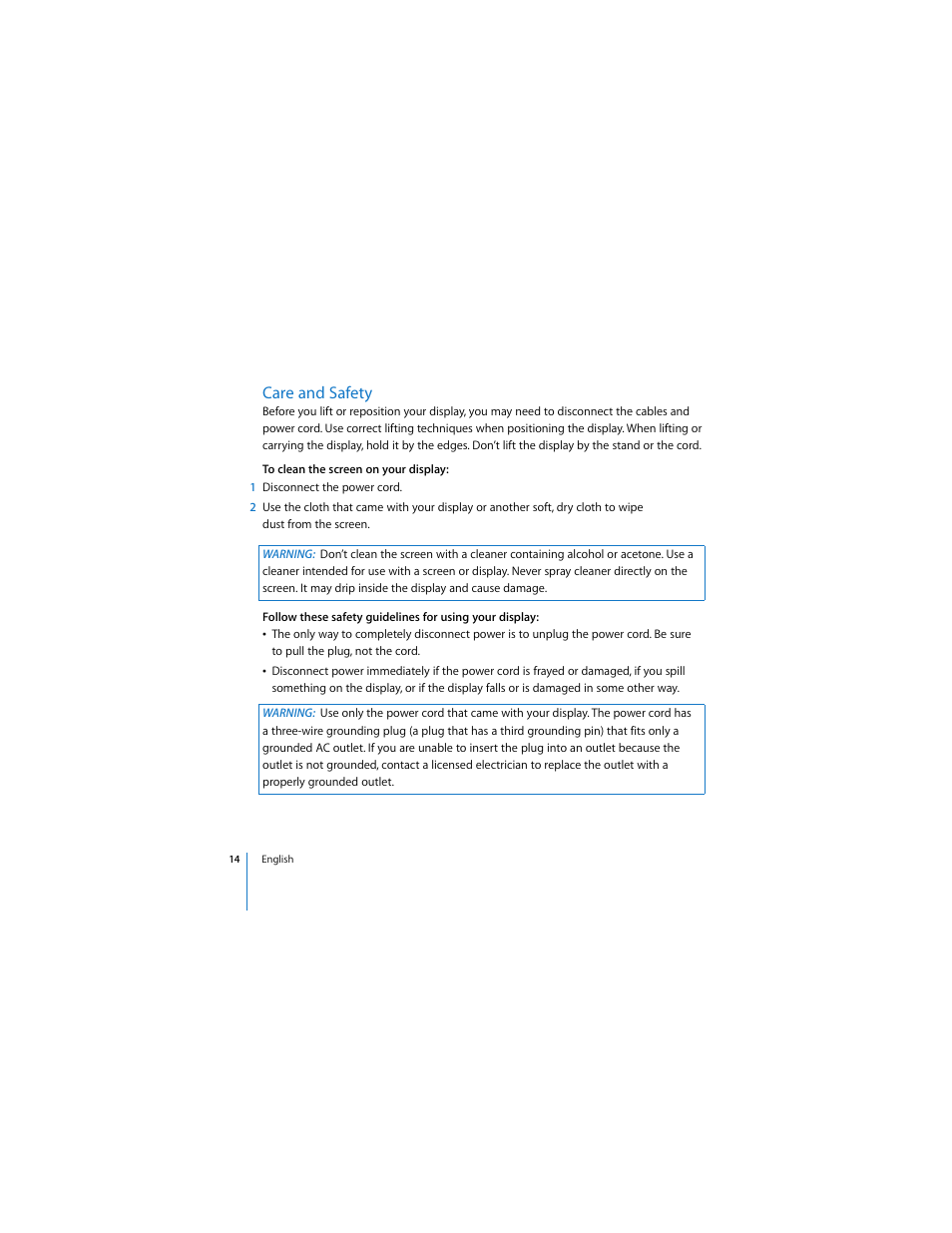 Care and safety | Apple Cinema Display User Manual | Page 14 / 122