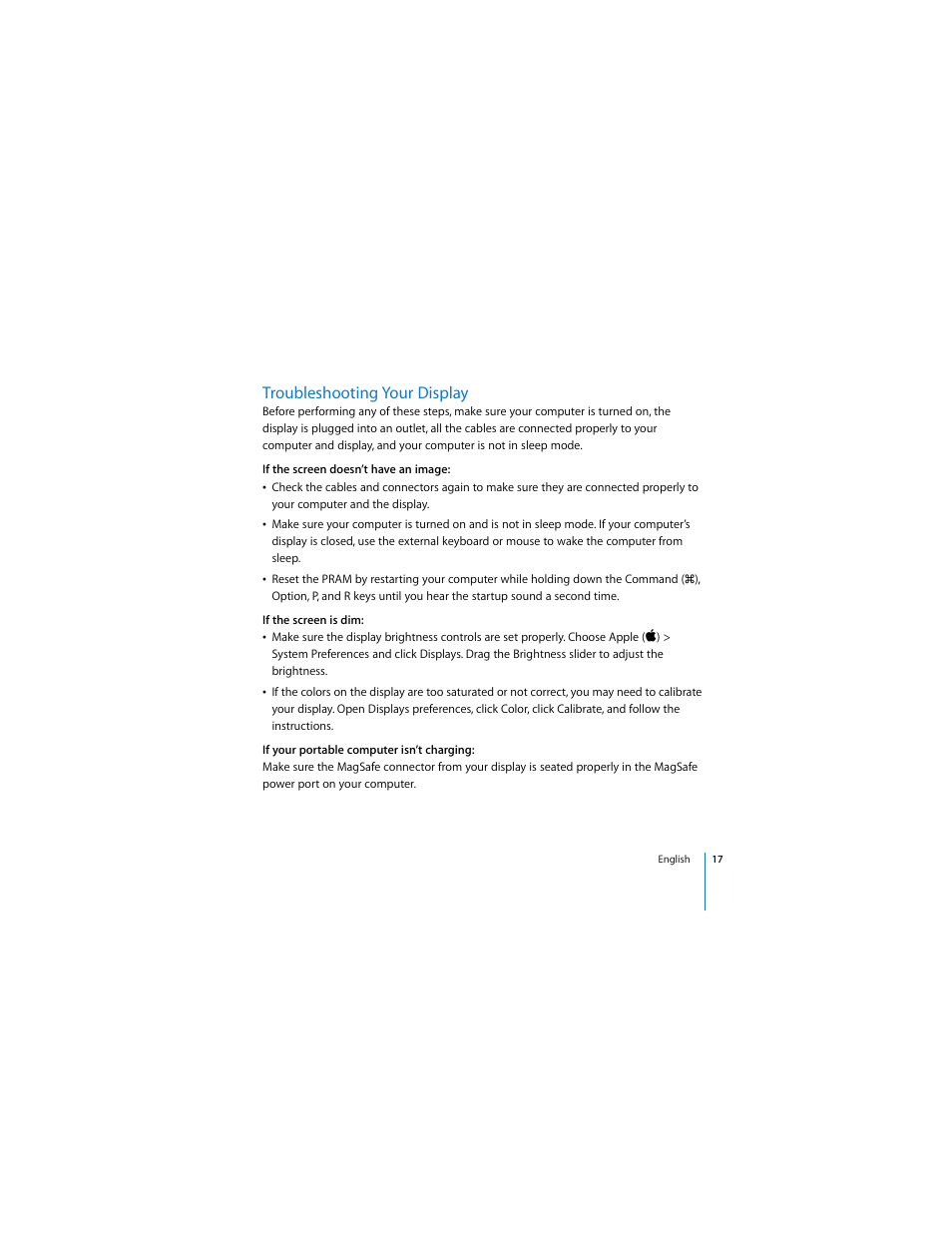 Troubleshooting your display | Apple Cinema Display User Manual | Page 17 / 122