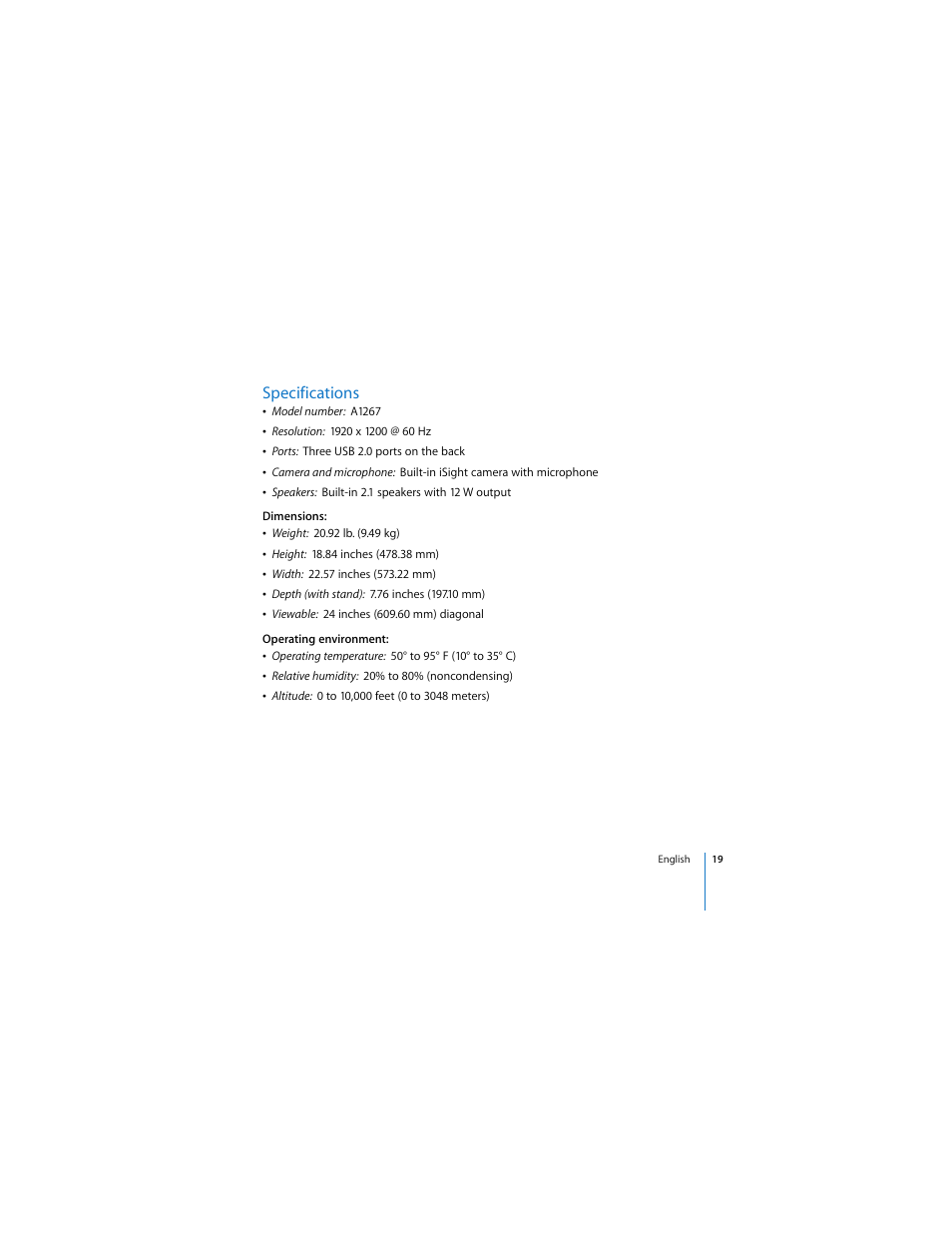 Specifications | Apple Cinema Display User Manual | Page 19 / 122
