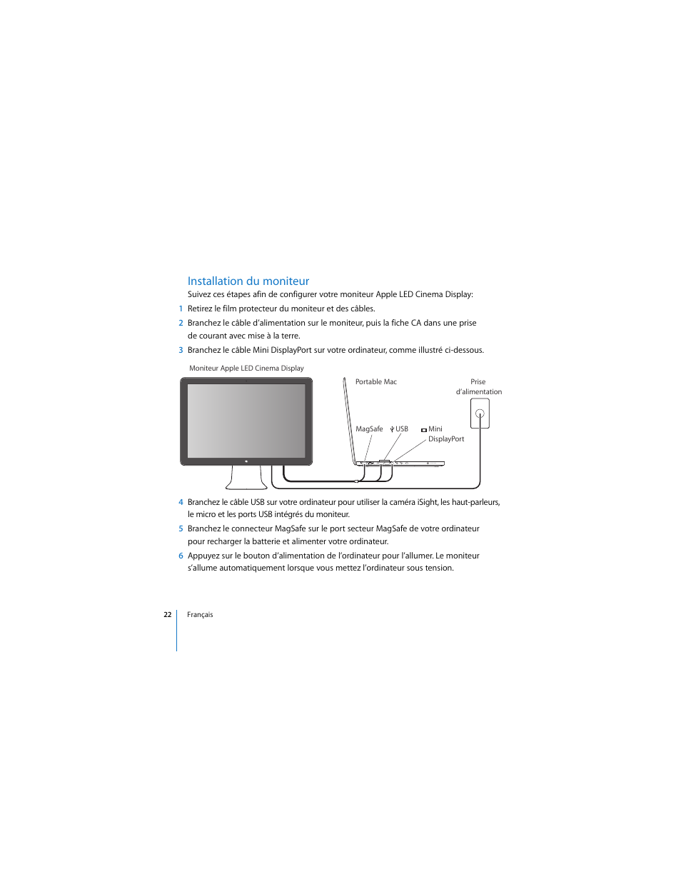Installation du moniteur | Apple Cinema Display User Manual | Page 22 / 122