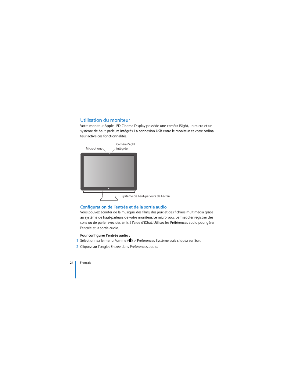Utilisation du moniteur, Configuration de l’entrée et de la sortie audio | Apple Cinema Display User Manual | Page 24 / 122