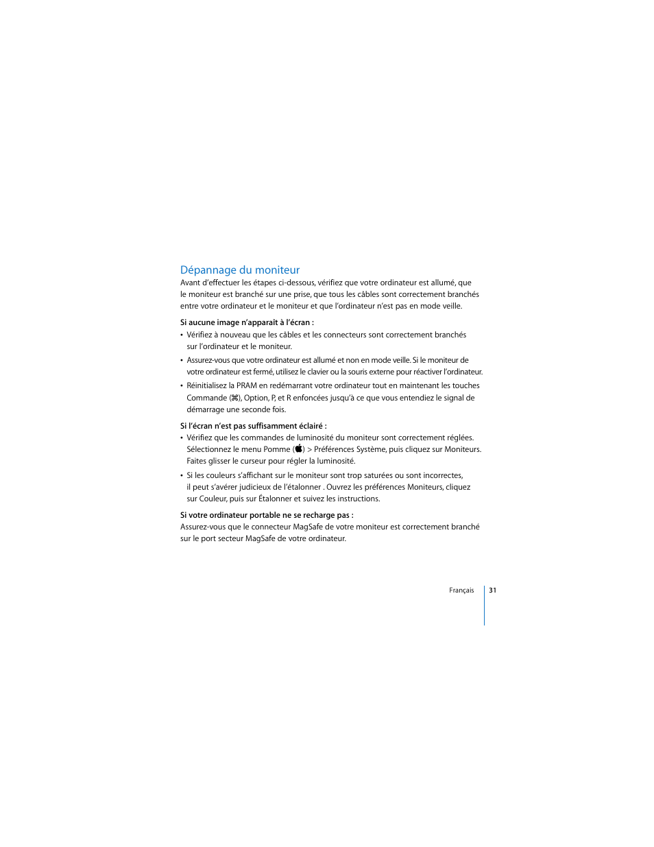 Dépannage du moniteur | Apple Cinema Display User Manual | Page 31 / 122