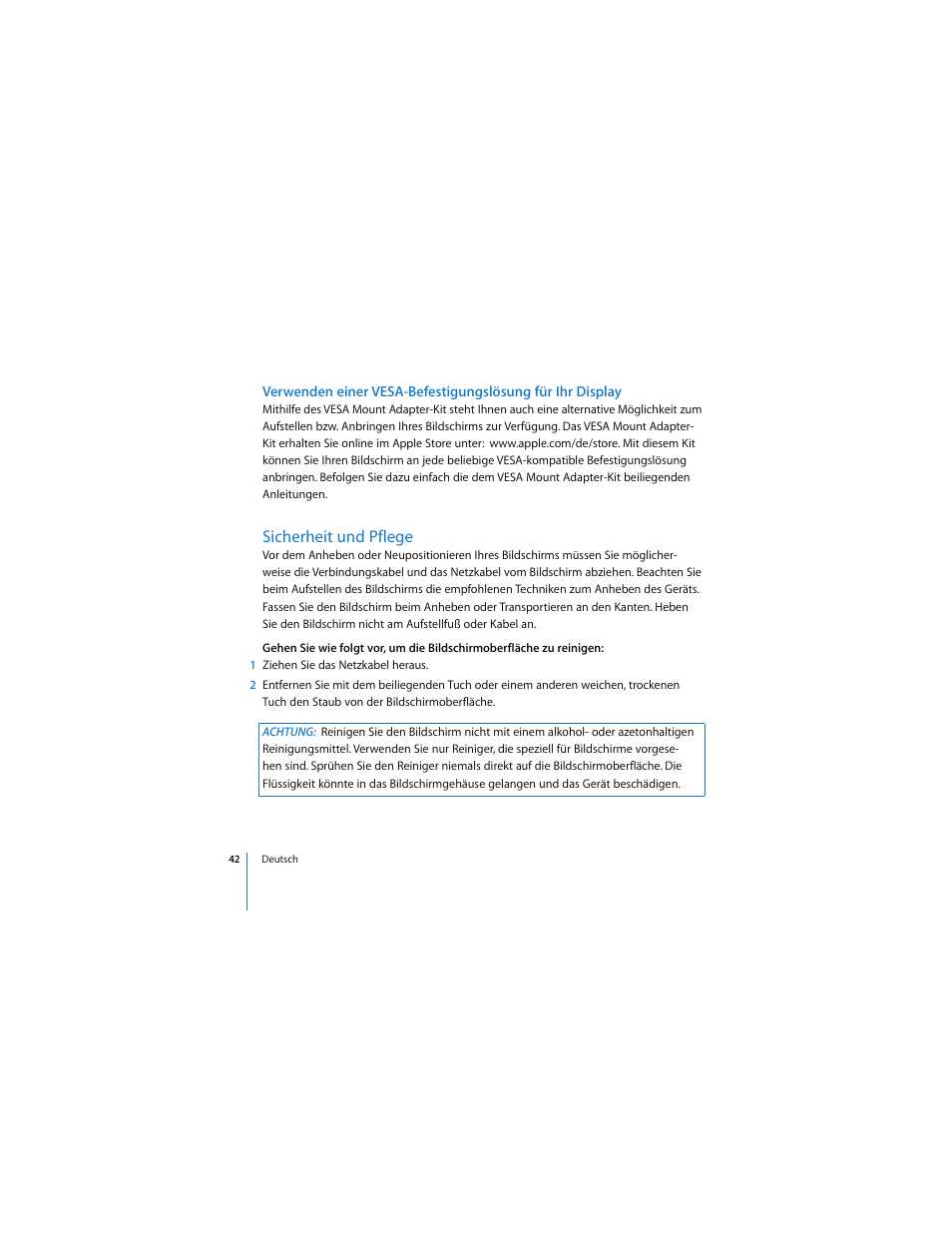Sicherheit und pflege | Apple Cinema Display User Manual | Page 42 / 122