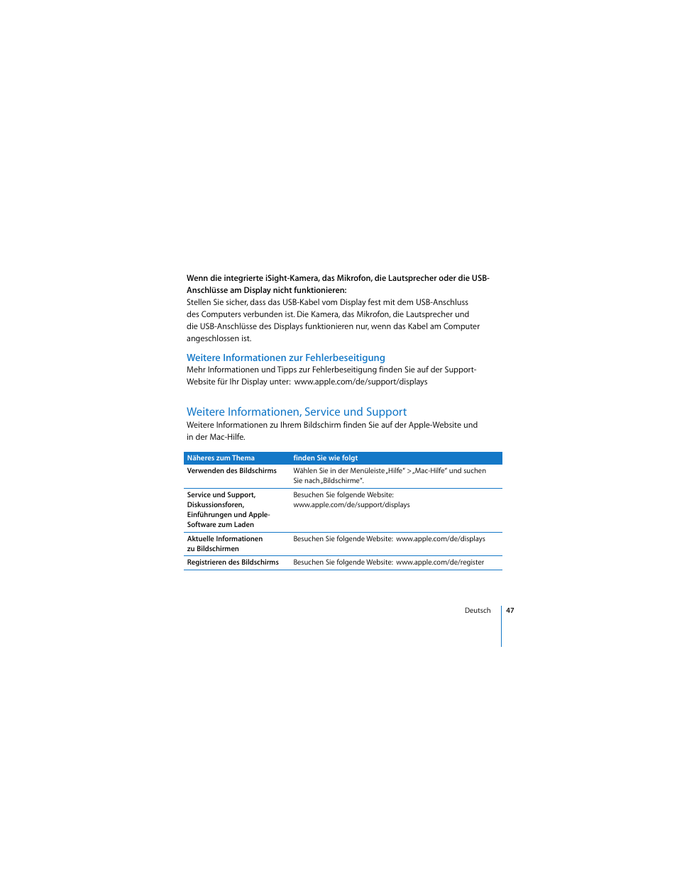 Weitere informationen zur fehlerbeseitigung, Weitere informationen, service und support | Apple Cinema Display User Manual | Page 47 / 122