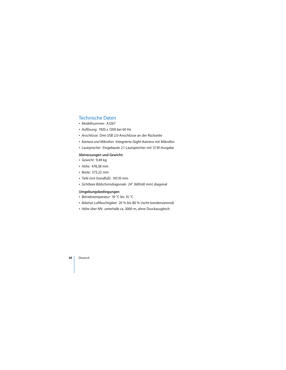 Technische daten | Apple Cinema Display User Manual | Page 48 / 122