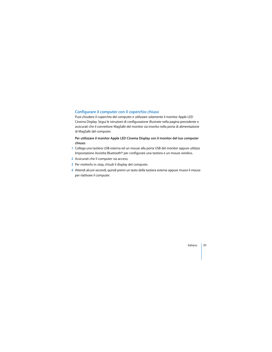 Configurare il computer con il coperchio chiuso | Apple Cinema Display User Manual | Page 51 / 122