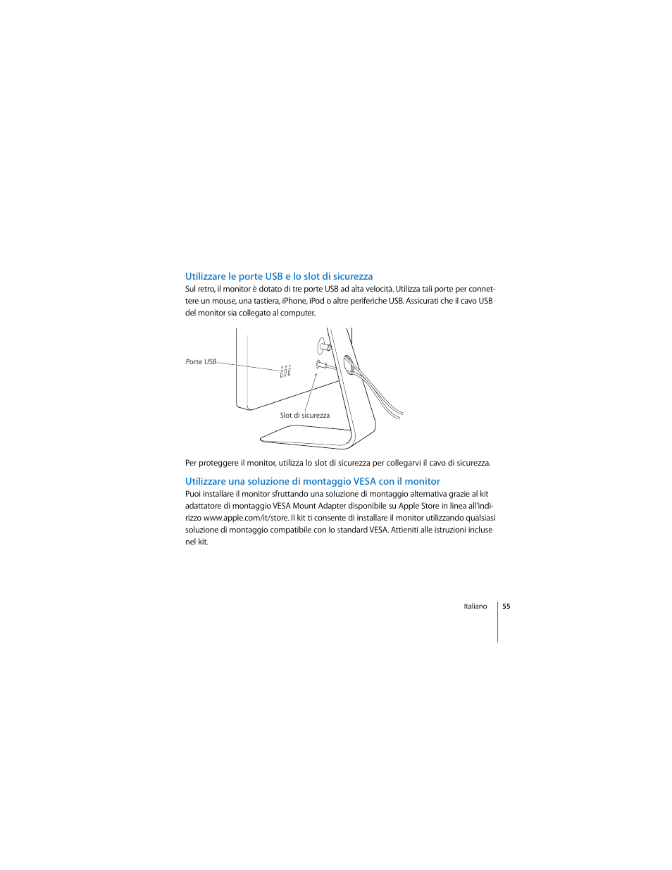Utilizzare le porte usb e lo slot di sicurezza | Apple Cinema Display User Manual | Page 55 / 122