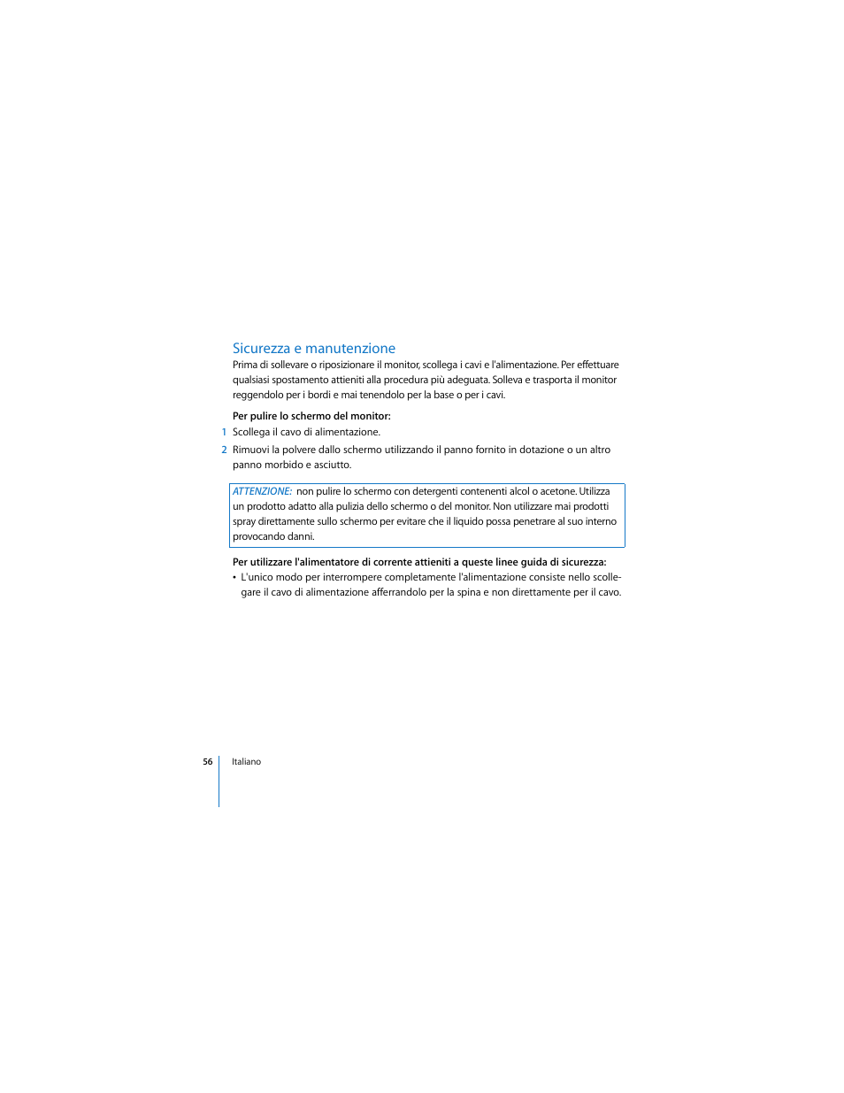Sicurezza e manutenzione | Apple Cinema Display User Manual | Page 56 / 122