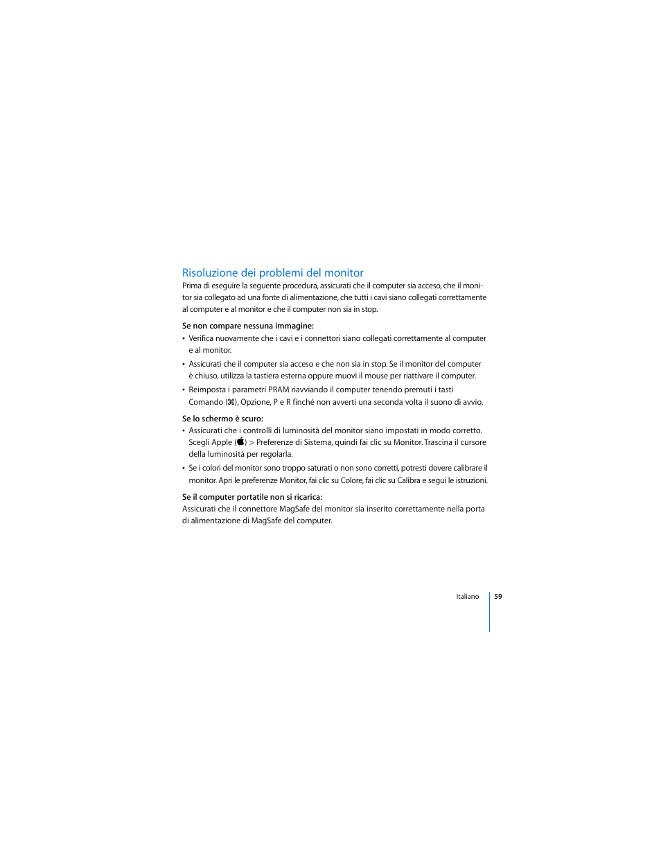 Risoluzione dei problemi del monitor | Apple Cinema Display User Manual | Page 59 / 122