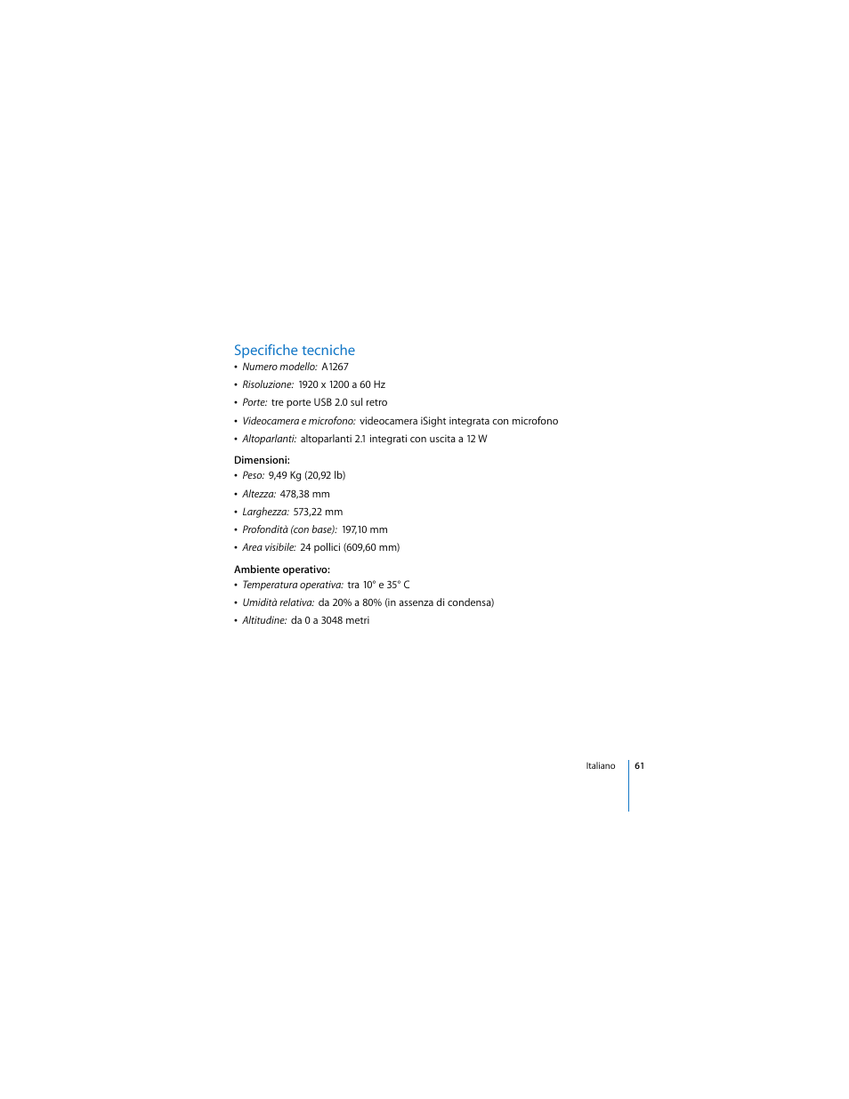 Specifiche tecniche | Apple Cinema Display User Manual | Page 61 / 122