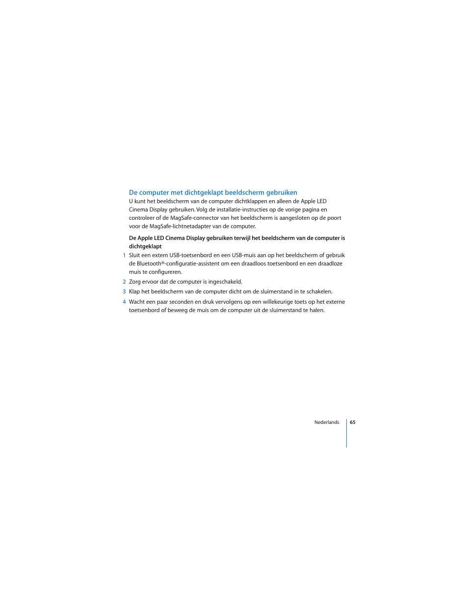 De computer met dichtgeklapt beeldscherm gebruiken | Apple Cinema Display User Manual | Page 65 / 122