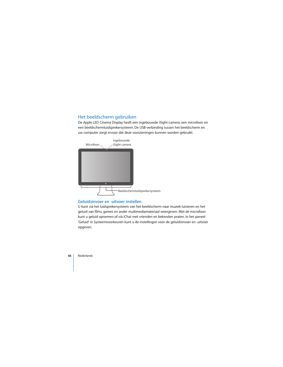Het beeldscherm gebruiken, Geluidsinvoer en -uitvoer instellen | Apple Cinema Display User Manual | Page 66 / 122
