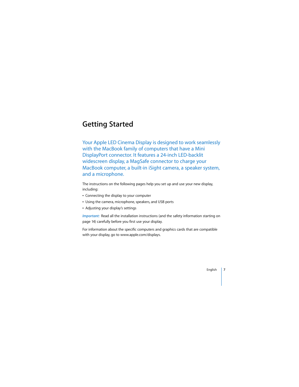 Getting started | Apple Cinema Display User Manual | Page 7 / 122