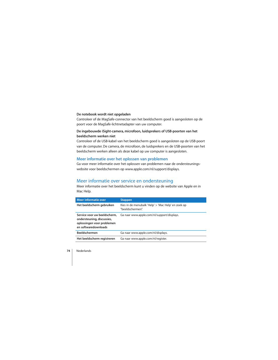 Meer informatie over het oplossen van problemen, Meer informatie over service en ondersteuning | Apple Cinema Display User Manual | Page 74 / 122