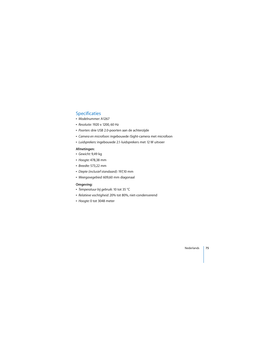 Specificaties | Apple Cinema Display User Manual | Page 75 / 122