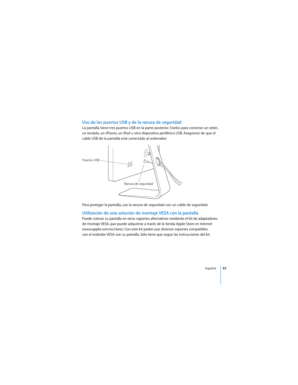 Uso de los puertos usb y de la ranura de seguridad | Apple Cinema Display User Manual | Page 83 / 122