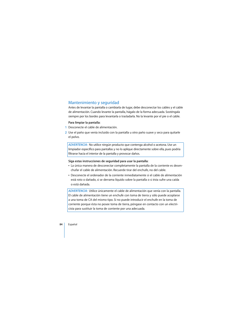 Mantenimiento y seguridad | Apple Cinema Display User Manual | Page 84 / 122