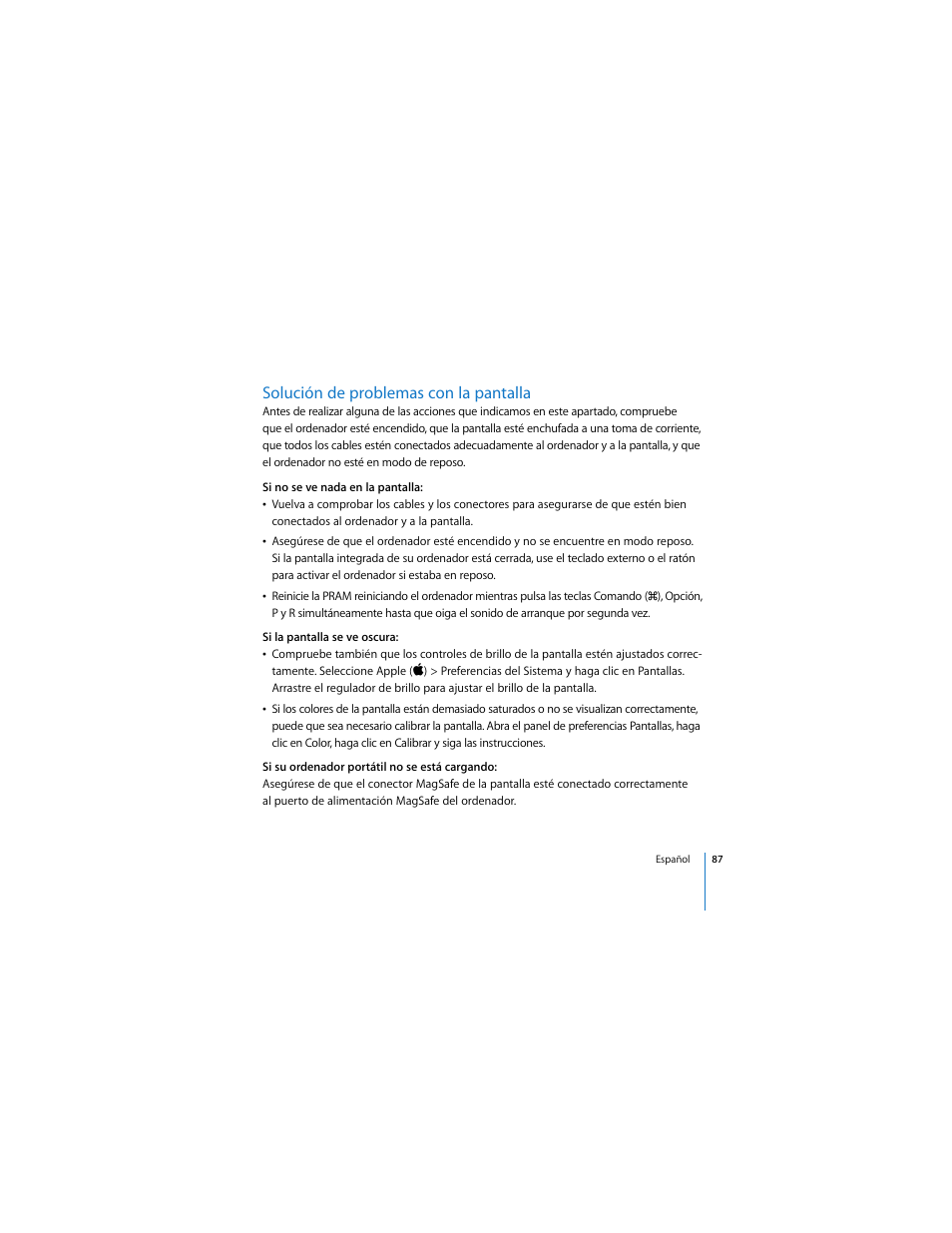 Solución de problemas con la pantalla | Apple Cinema Display User Manual | Page 87 / 122