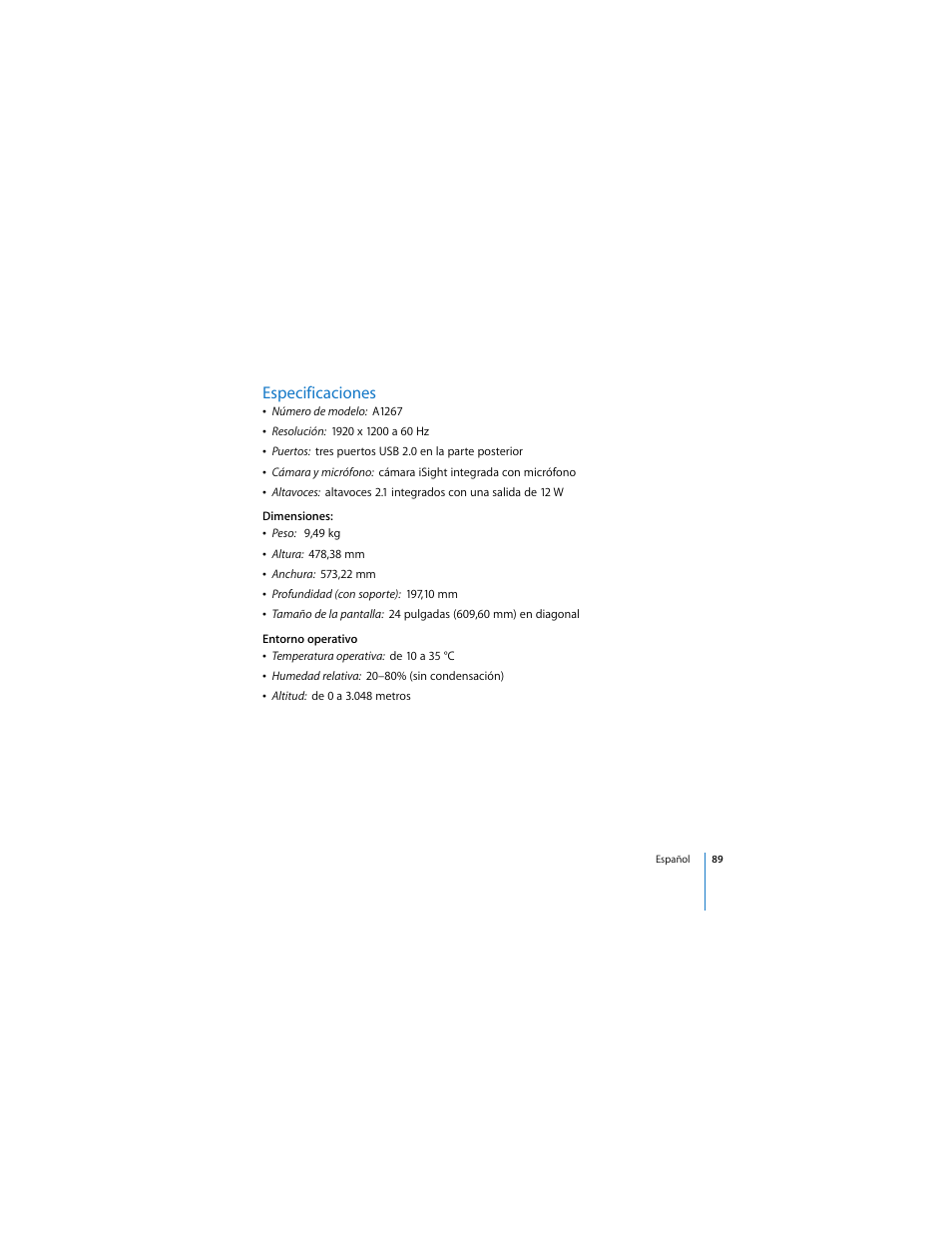 Especificaciones | Apple Cinema Display User Manual | Page 89 / 122