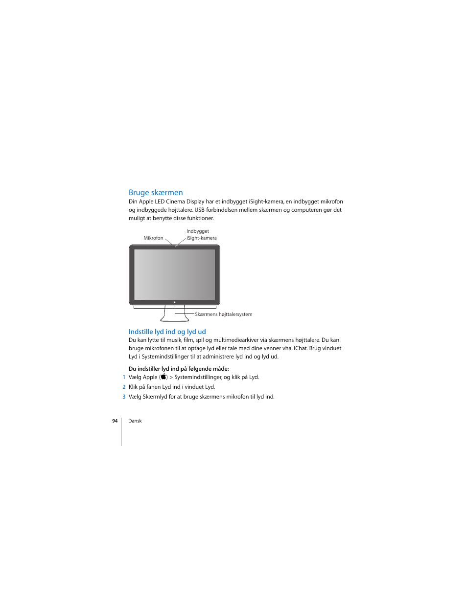 Bruge skærmen, Indstille lyd ind og lyd ud | Apple Cinema Display User Manual | Page 94 / 122