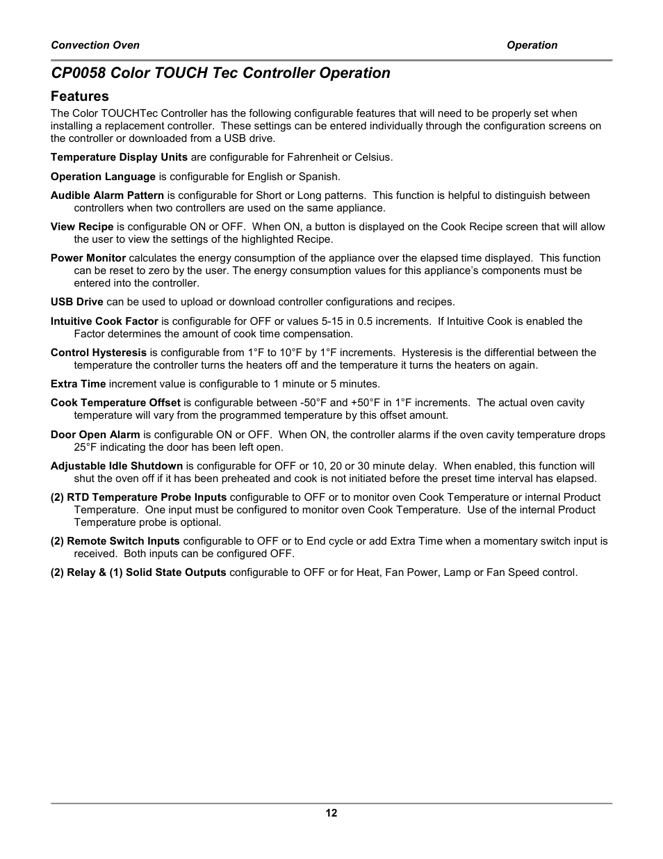 Cp0058 color touch tec controller operation, Features | BKI COq Convection Oven User Manual | Page 14 / 48